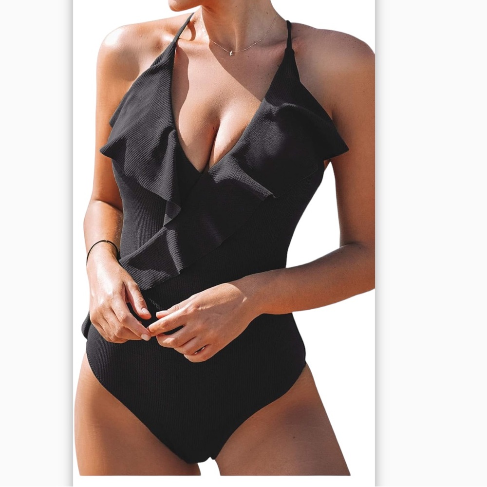 V Neck Front Ruffle Ribbed Texture One Piece Swimsuit Women size M